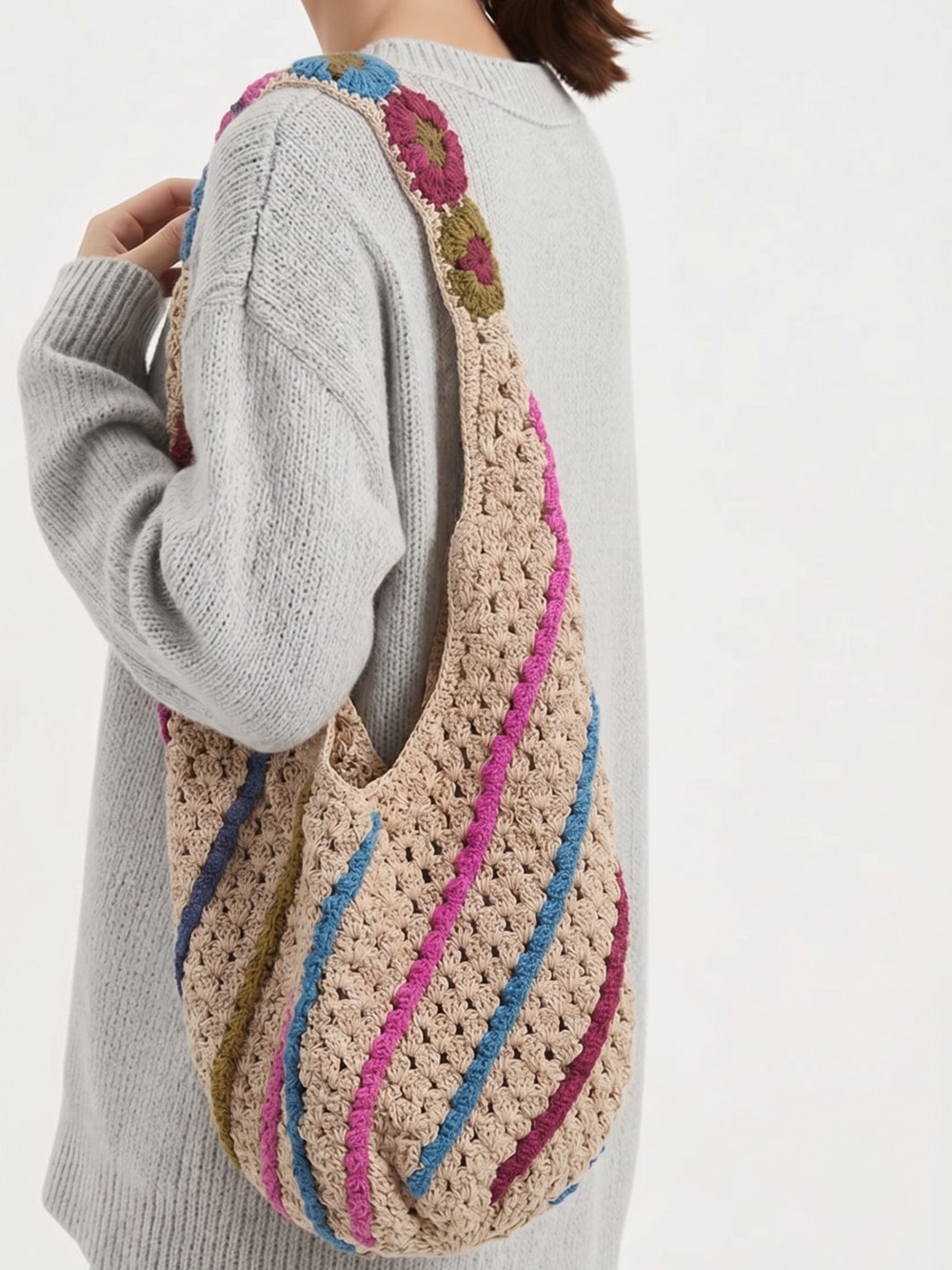 MerSea - Carly Crochet Boho Bag - Natural-Multi Stripe
